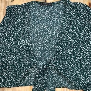 Shein Dark Green/Blue Tie Top With Flare Sleeves